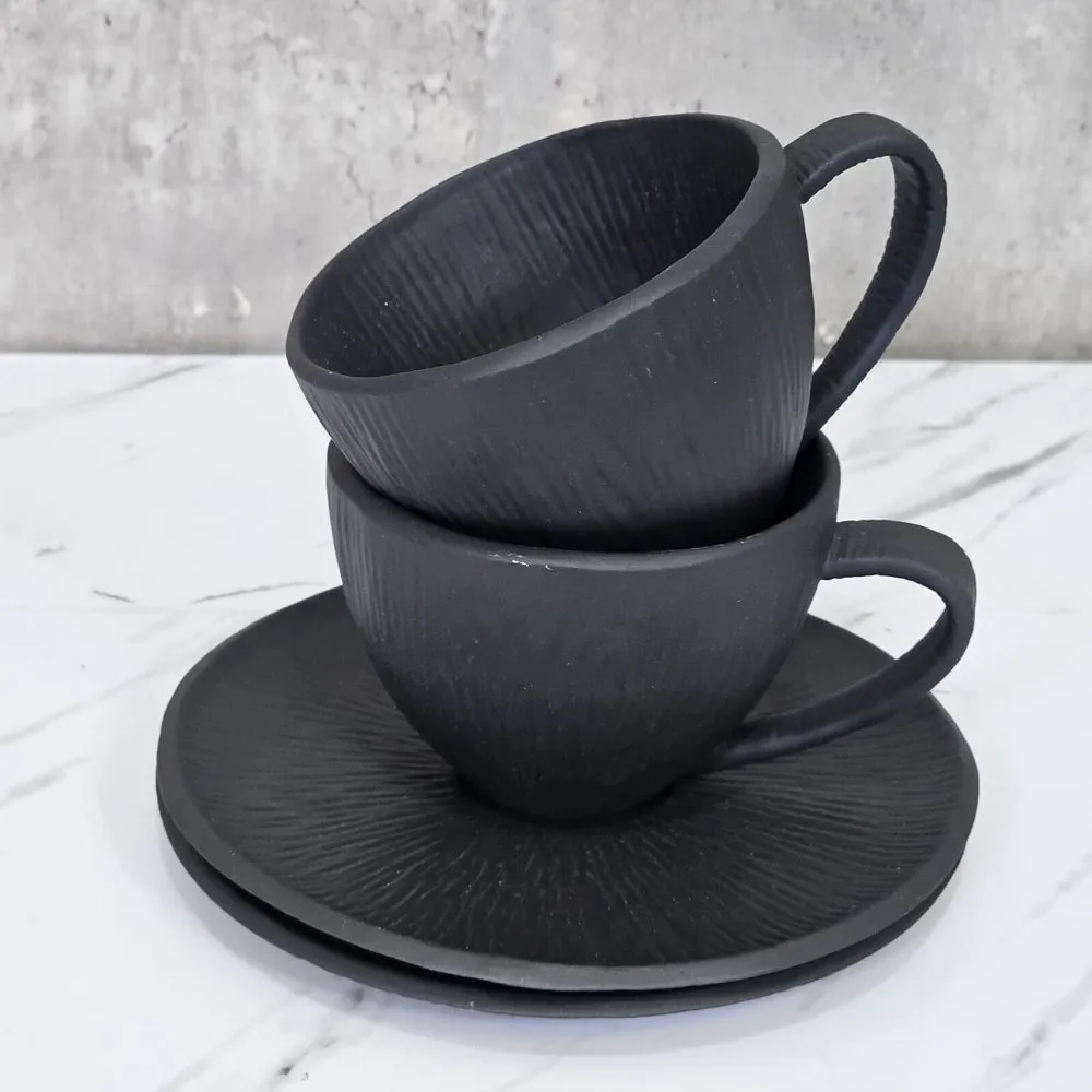 Lot of 2 Michael Aram Africana Black Matte Porcelain‎ Tea Cup & Saucer Set